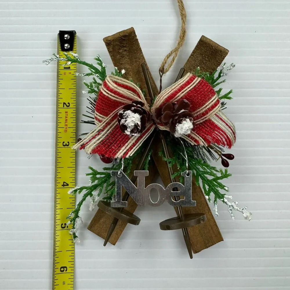 Rustic Noel Christmas Ornament Skis Pinecones Burlap Bow Farmhouse Lodge Cabin